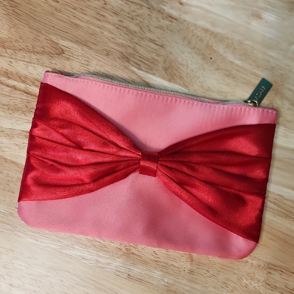 Ipsy Pink with Red‎ Bow Clutch Pouch with Gold Accent